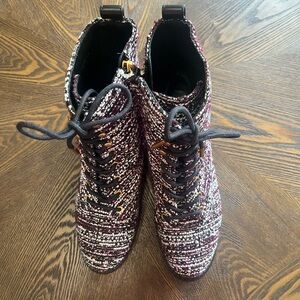 Tory Burch Burgundy and Black Woven Lace-Up Ankle Boots